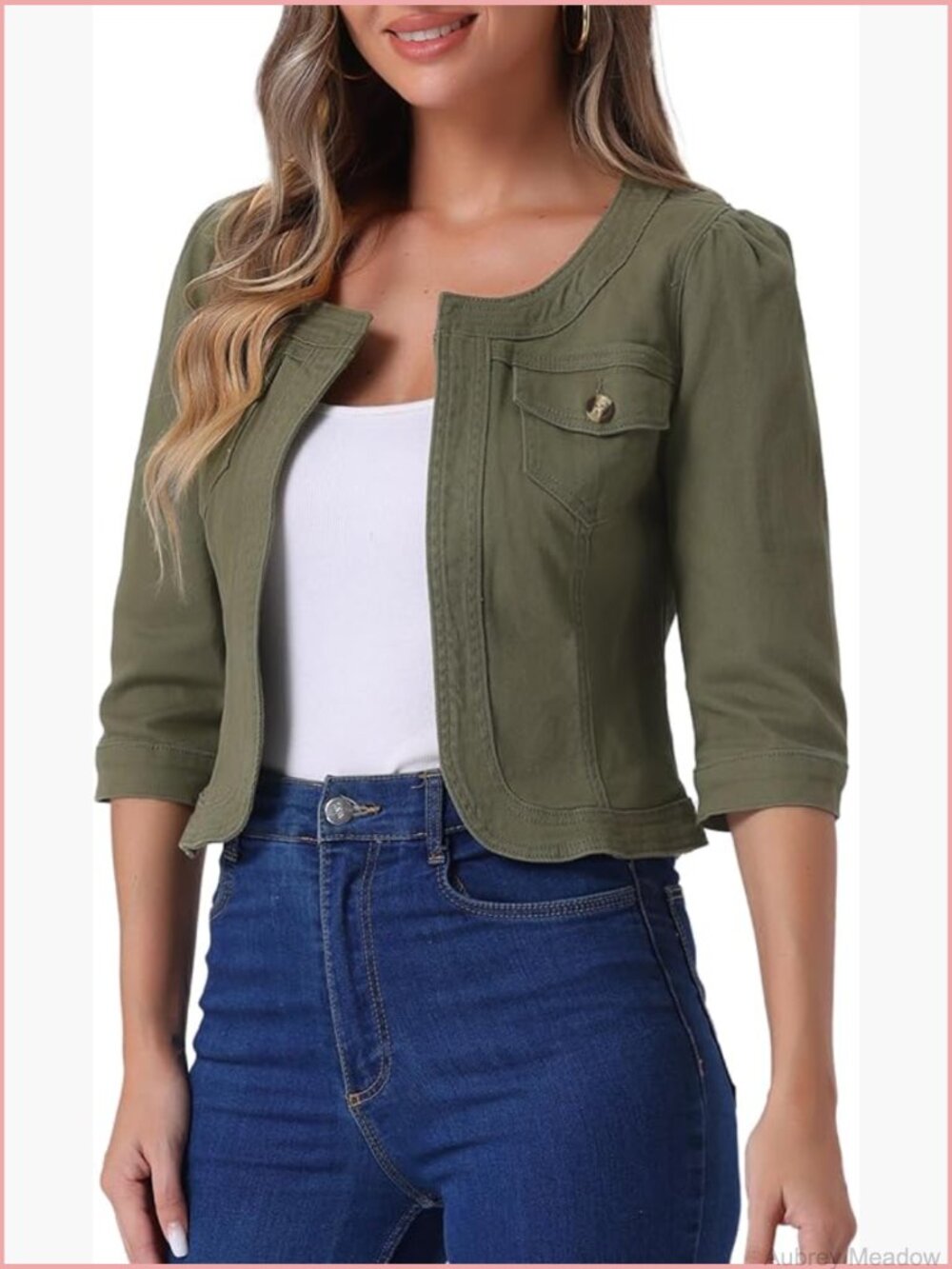 Womens Collarless Denim Cardigan 3/4 Sleeve Crop Jean Jacket